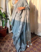 Stone Grey Blockprinted Handwoven Linen Zari Saree - Anant