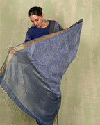 Sanjh Tarini Blue Handblock Print Linen Saree - INDI