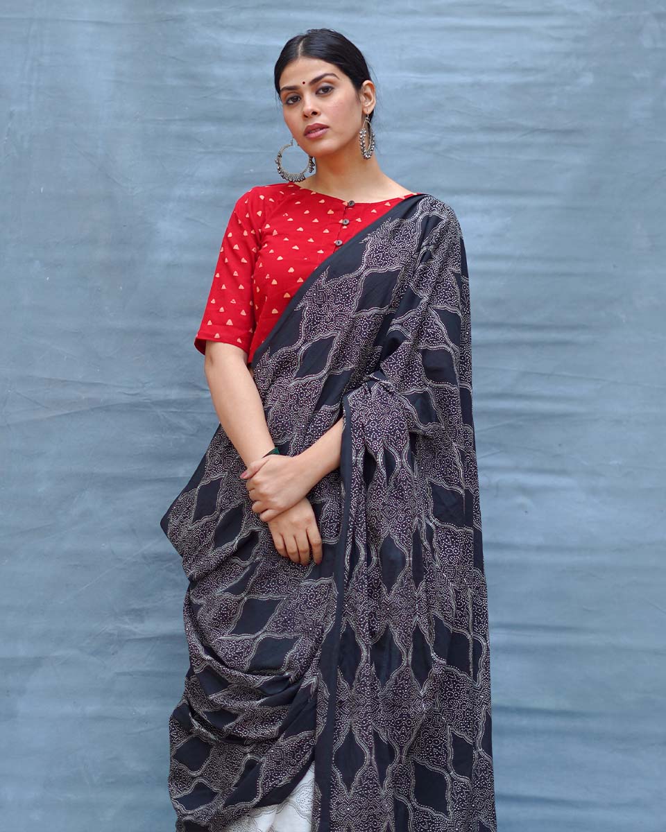Black & White Tale Handblock Print Cotton Saree - MIS