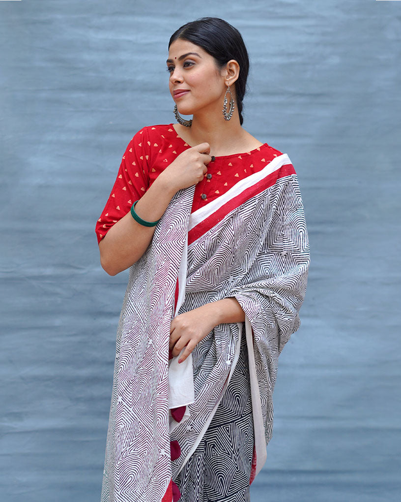 Vintage Poem Black & White Handblock Print Cotton Saree - MIS