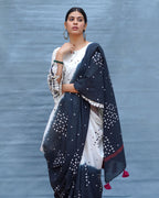 Colourblind Black & White Handblock Print Cotton Saree - MIS