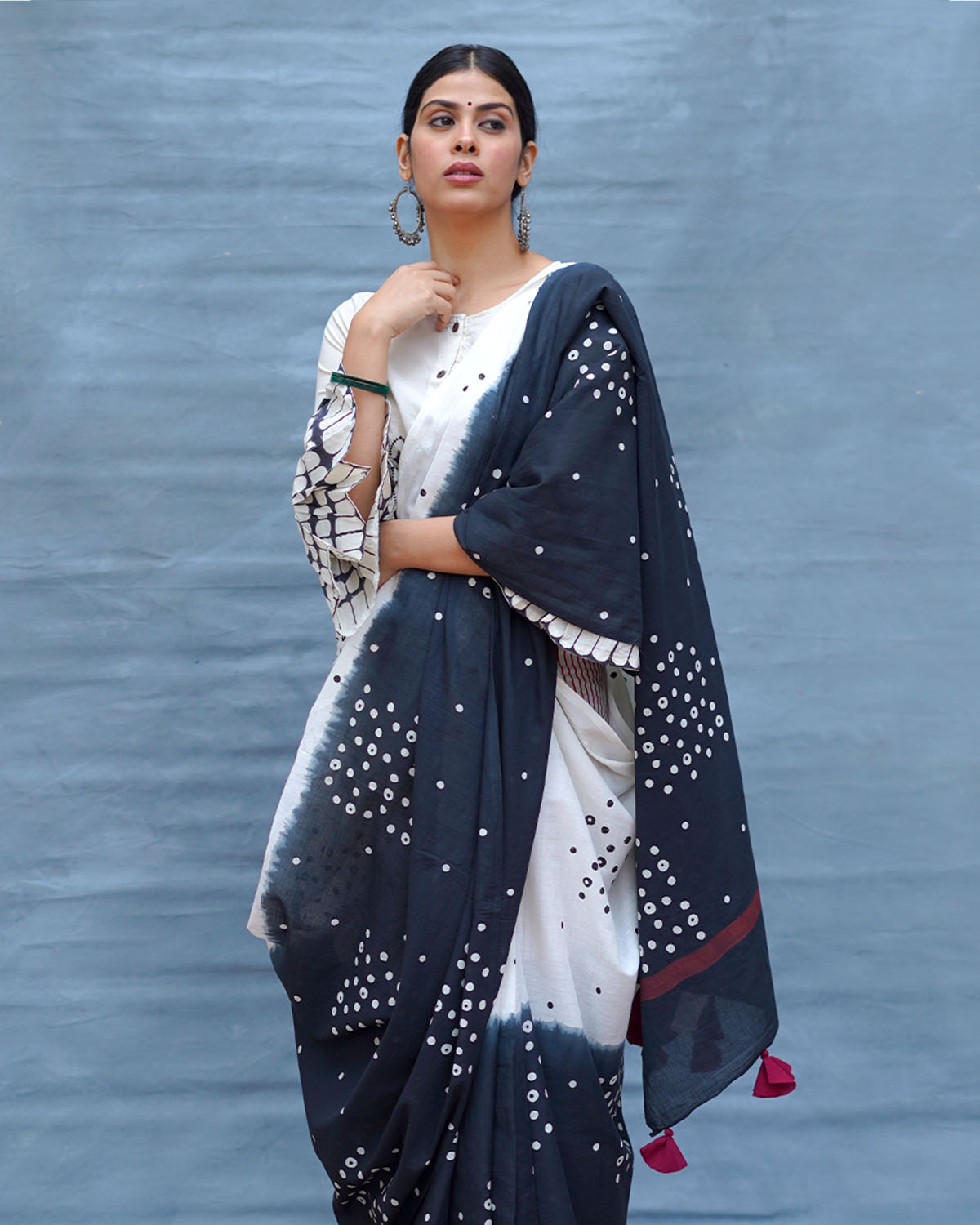 Colourblind Black & White Handblock Print Cotton Saree - MIS