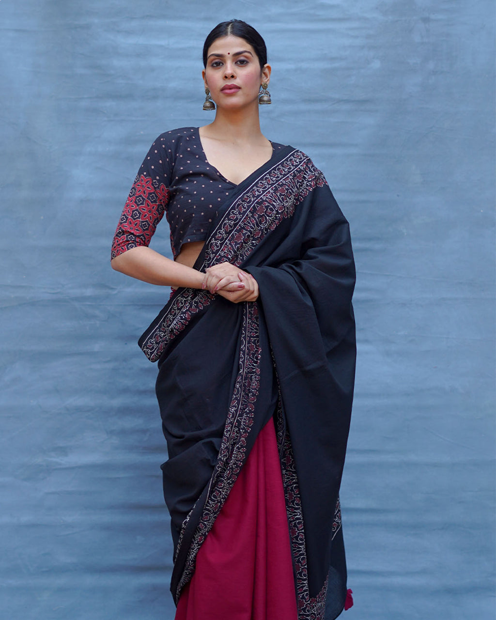 Binodini Black With Maroon Handblock Printed Cotton Saree - Soil