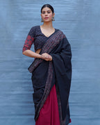 Binodini Black With Maroon Handblock Printed Cotton Saree - Soil