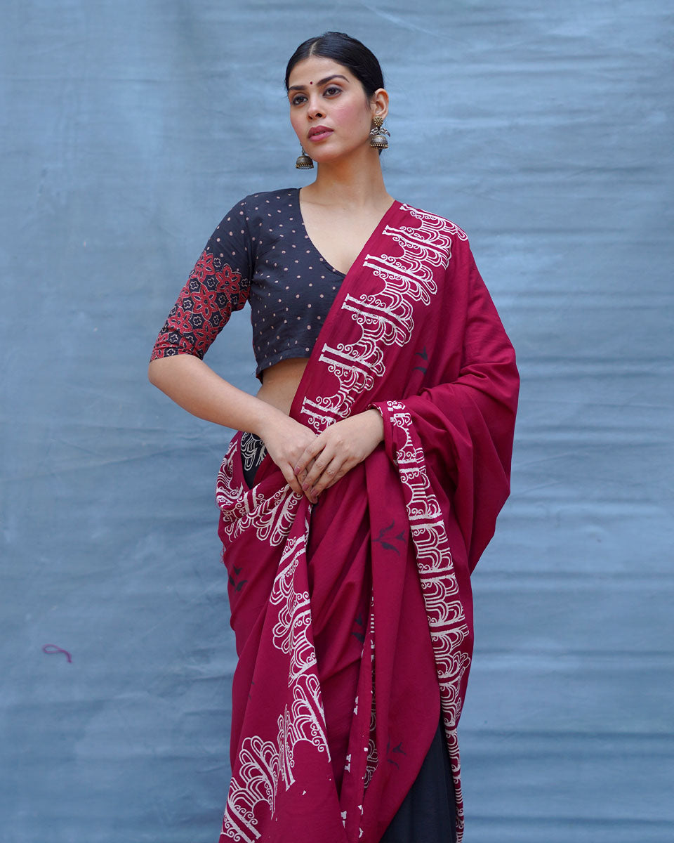 Damini Maroon With Black Handblock Printed Cotton Saree - Soil