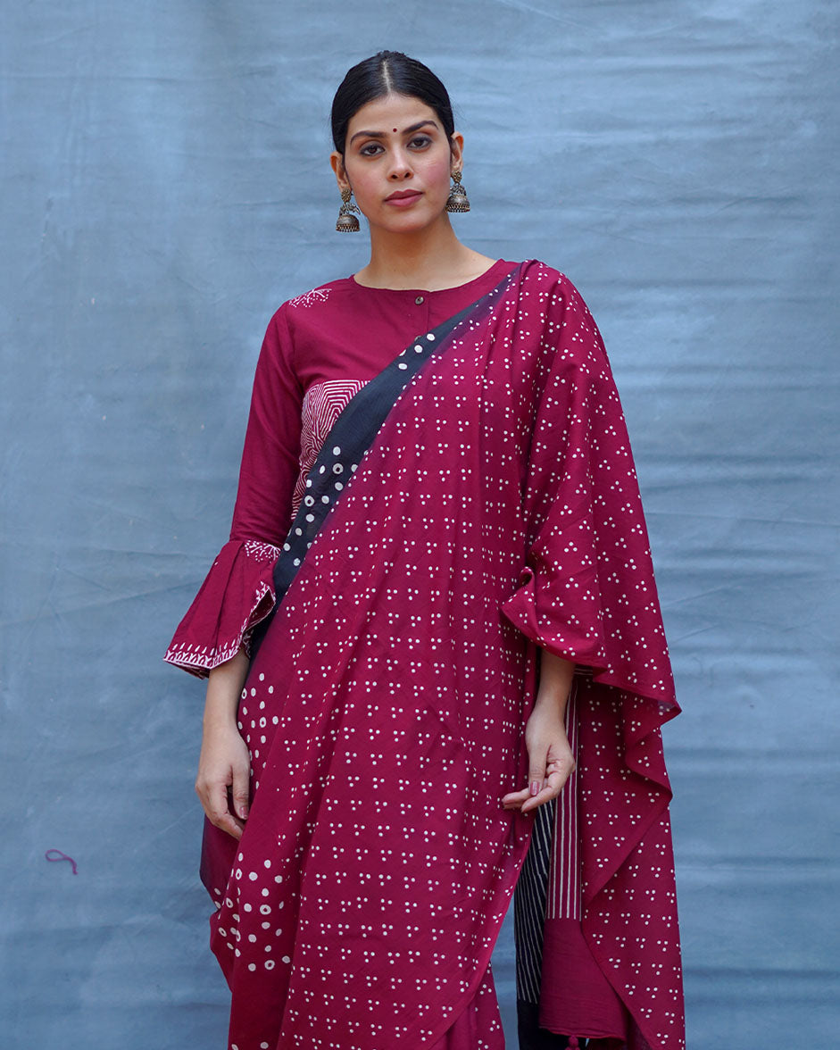 Nandini Maroon With Black Handblock Printed Cotton Saree - Soil