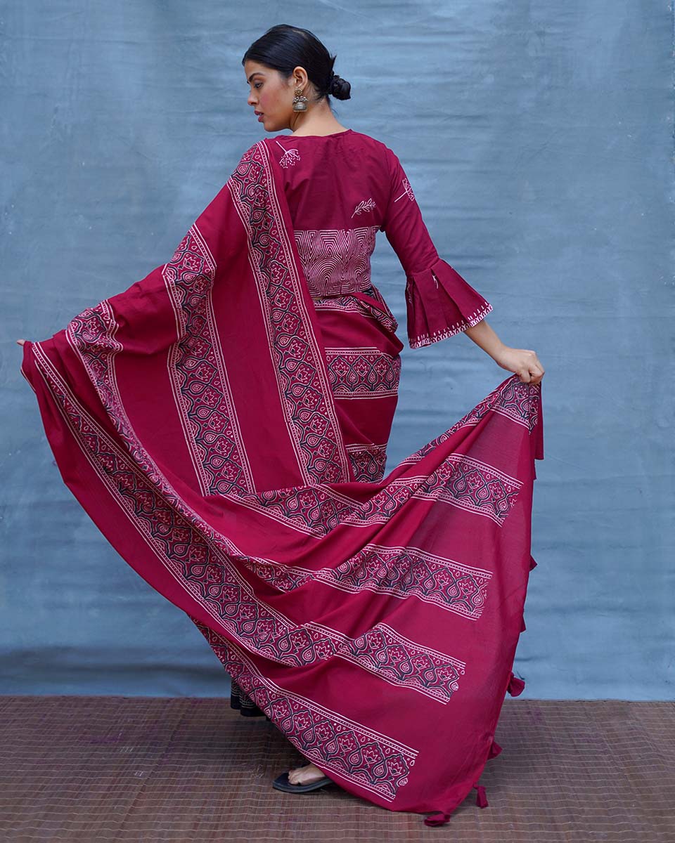 Labanya Maroon Handblock Printed Cotton Saree - Soil