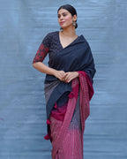 Bimala Black With Maroon Handblock Printed Cotton Saree - Soil