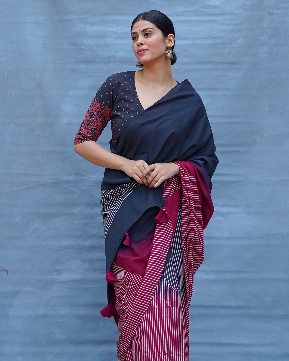 Bimala Black With Maroon Handblock Printed Cotton Saree - Soil