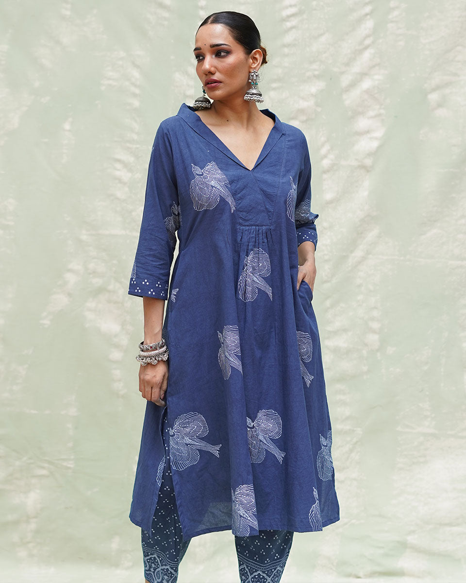 Triveni Blue Handblock Print Cotton Kurti - INDI