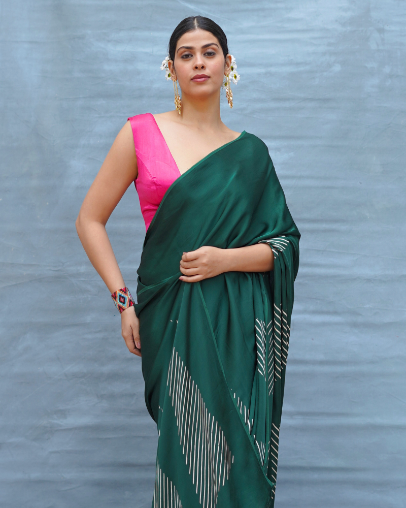 Easy Flow Green Handblock Print Modal Silk Saree - Flow