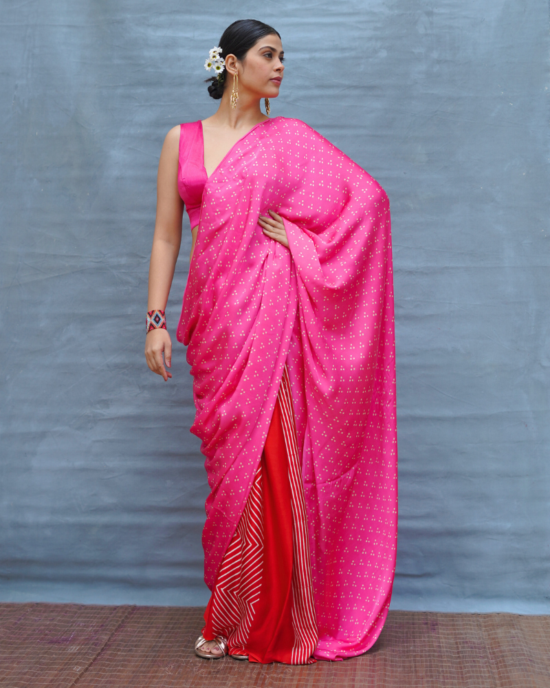 Light Sway Pink With Red Handblock Print Modal Silk Saree - Flow
