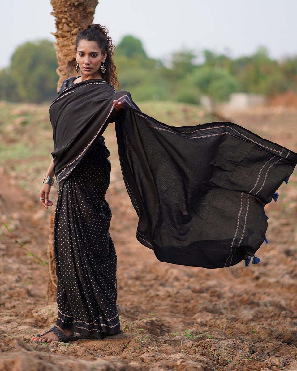 Sweet Jasmine Blockprinted Cotton Saree-WWB