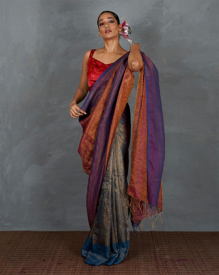 Chase Light Violet Handwoven Linen Saree - TARA