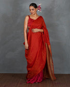 Glow On Red Handwoven Linen Saree - TARA