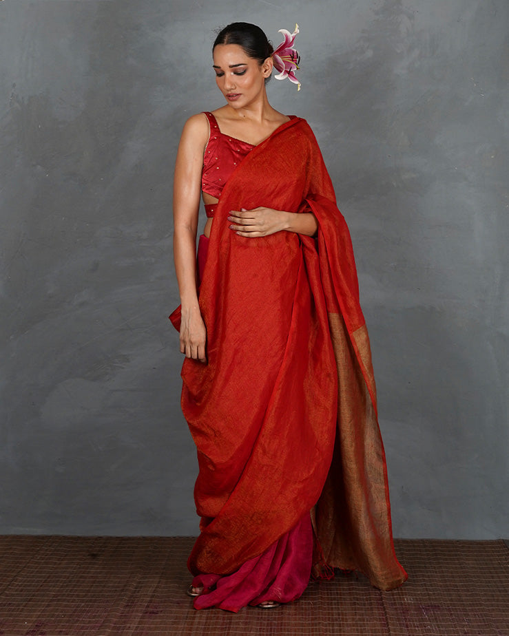 Glow On Red Handwoven Linen Saree - TARA