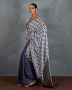 Prabha Blue With White Handblock Linen Saree - TARA