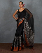 Follow Dawn Black Handwoven Linen Saree - TARA