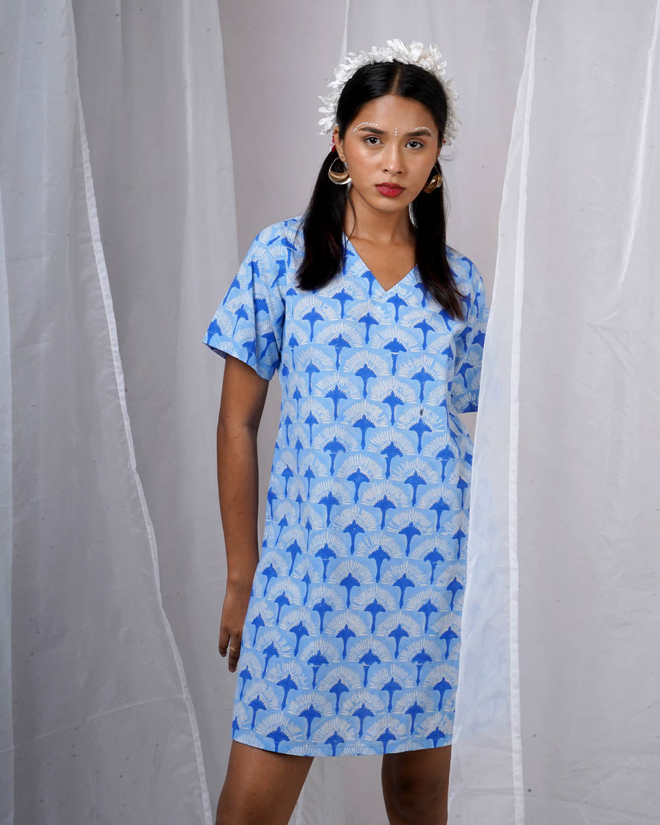 Ira Blue Hand Block Printed Dress-BAD