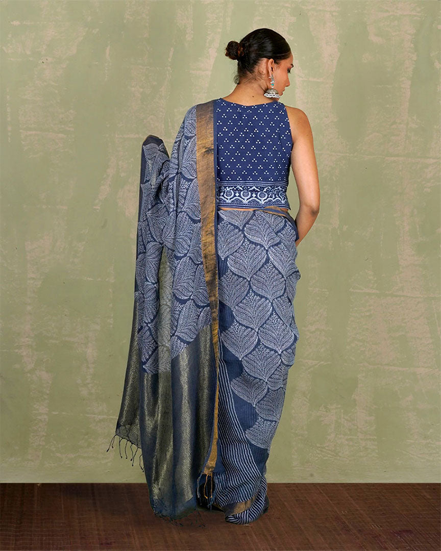 Malhari Blue Handblock Print Linen Saree - INDI
