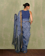 Malhari Blue Handblock Print Linen Saree - INDI