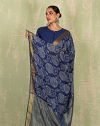 Rahi Blue Handblock Print Linen Saree - INDI