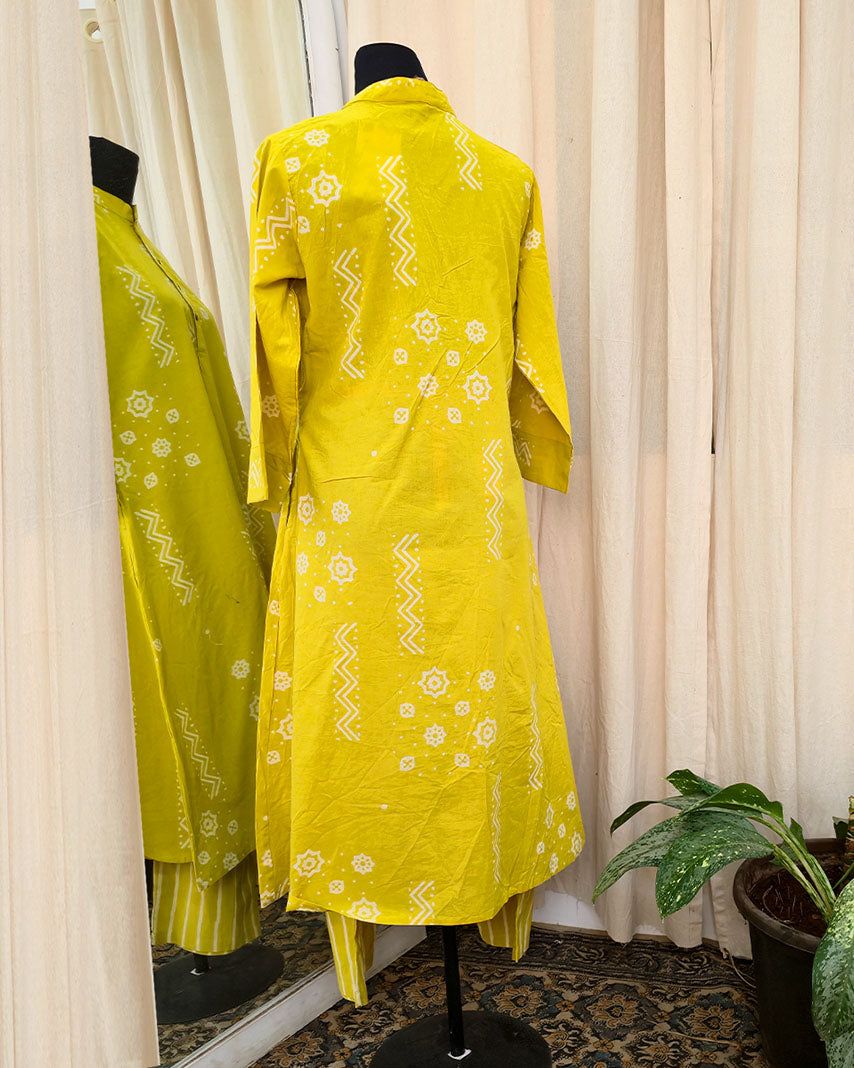 Advika Yellow Handblock Cotton Kurti Set - Love Despite