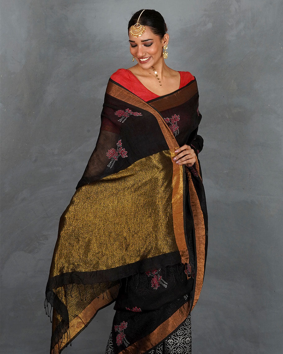 Tejasvi Black Handblock Linen Saree - TARA
