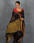 Tejasvi Black Handblock Linen Saree - TARA