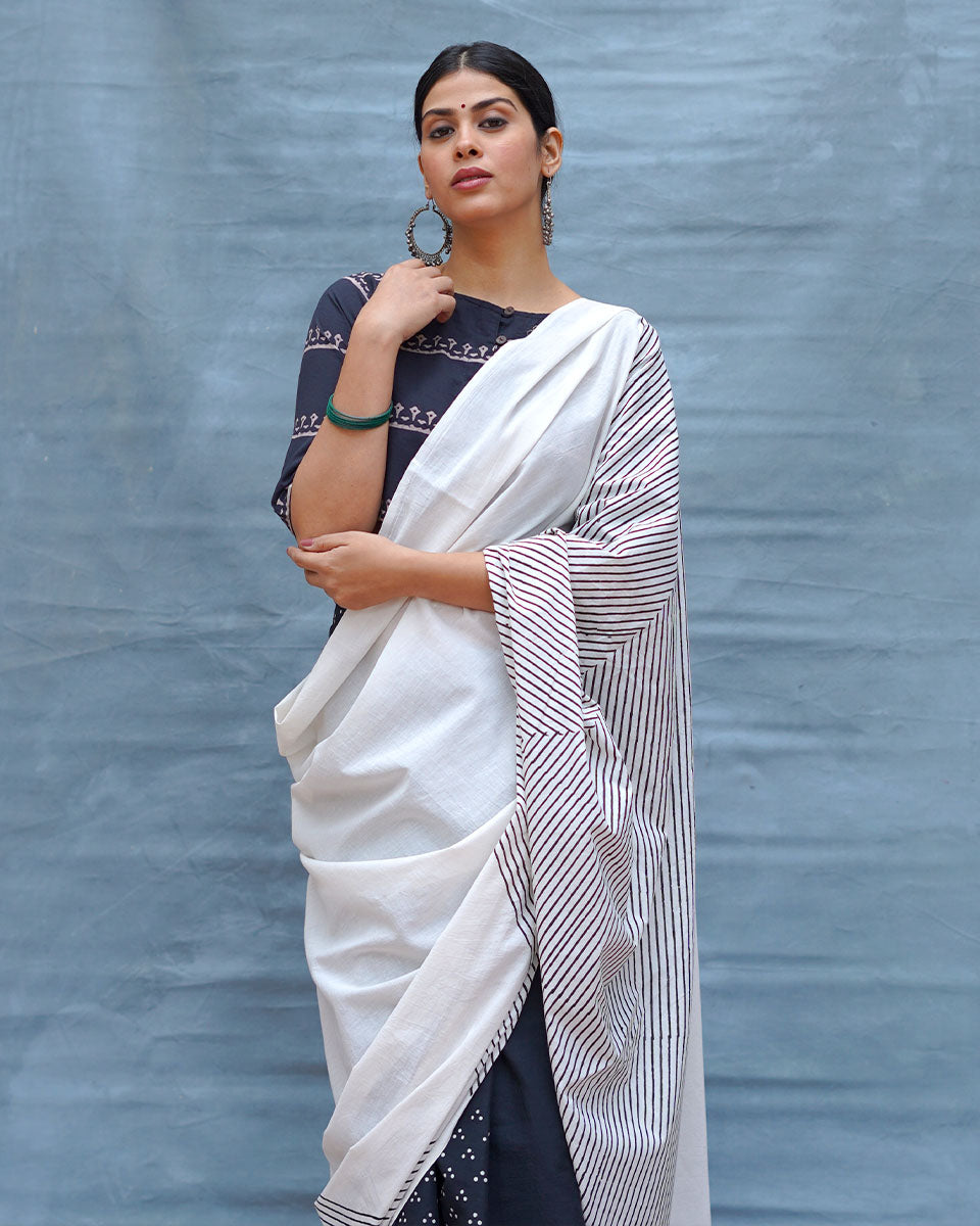 B&W Muse Black & White Handblock Print Cotton Saree - MIS