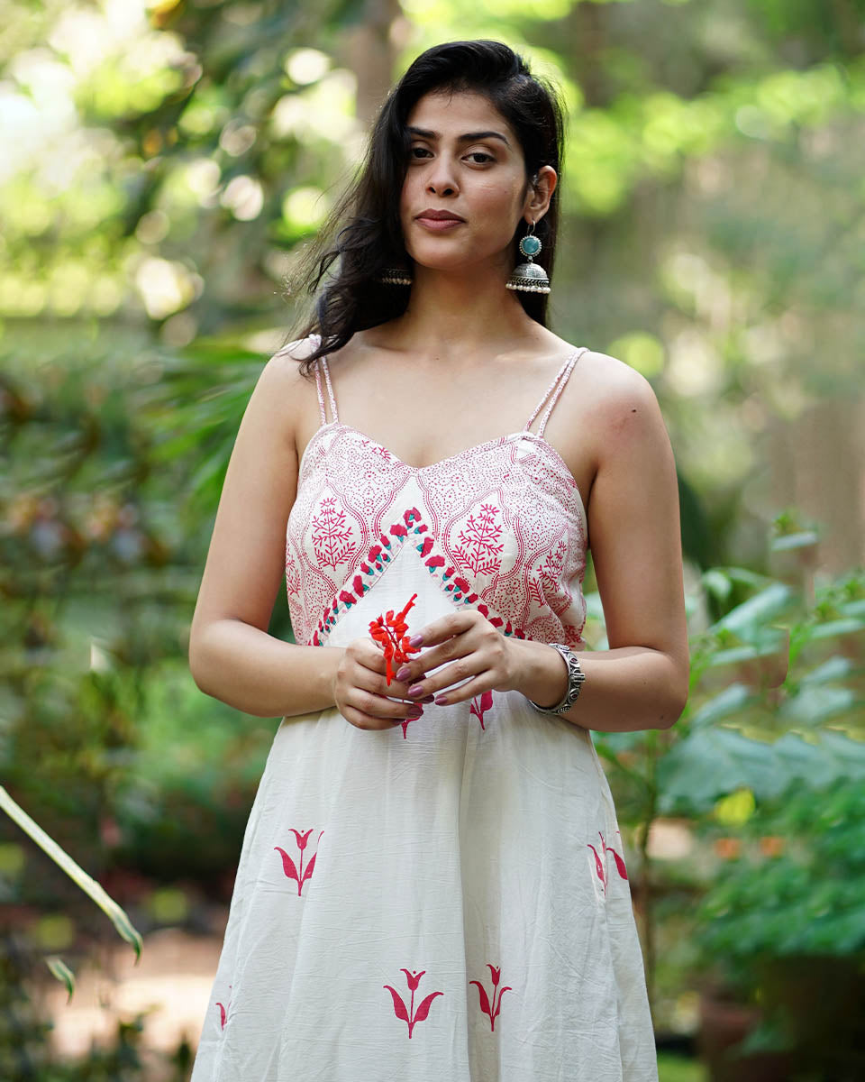 Bluebellâ€™s Breeze Ivory Block Printed Cotton Dress - MMG