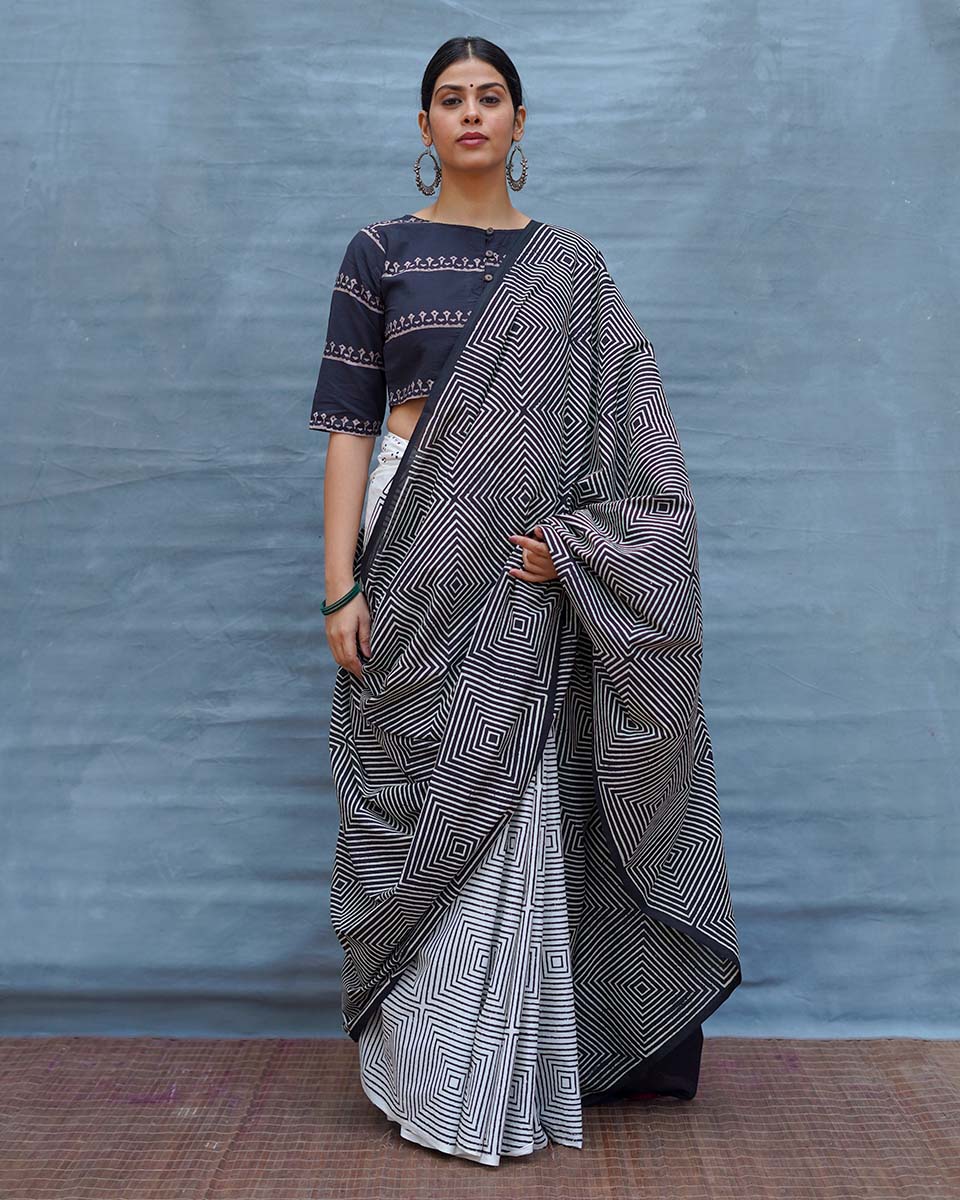Vintage Muse Black & White Handblock Print Cotton Saree - MIS
