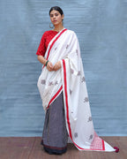 Moon & Mist Black & White Handblock Print Cotton Saree - MIS