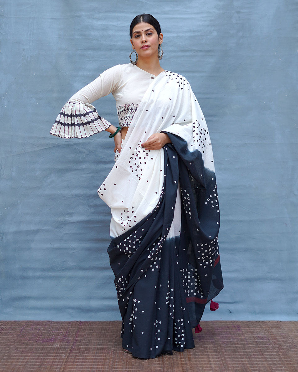 Colourblind Black & White Handblock Print Cotton Saree - MIS