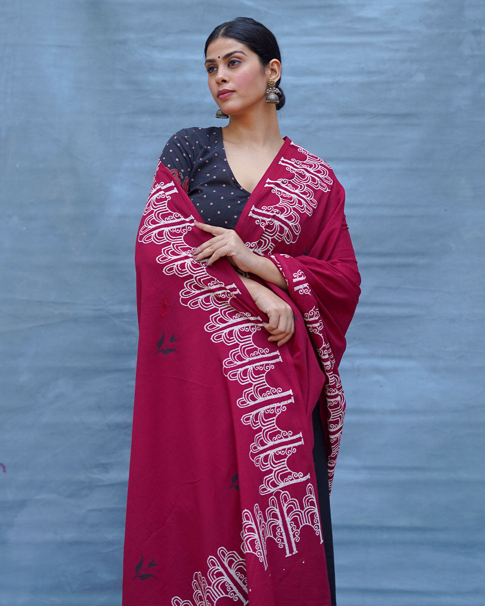 Damini Maroon With Black Handblock Printed Cotton Saree - Soil