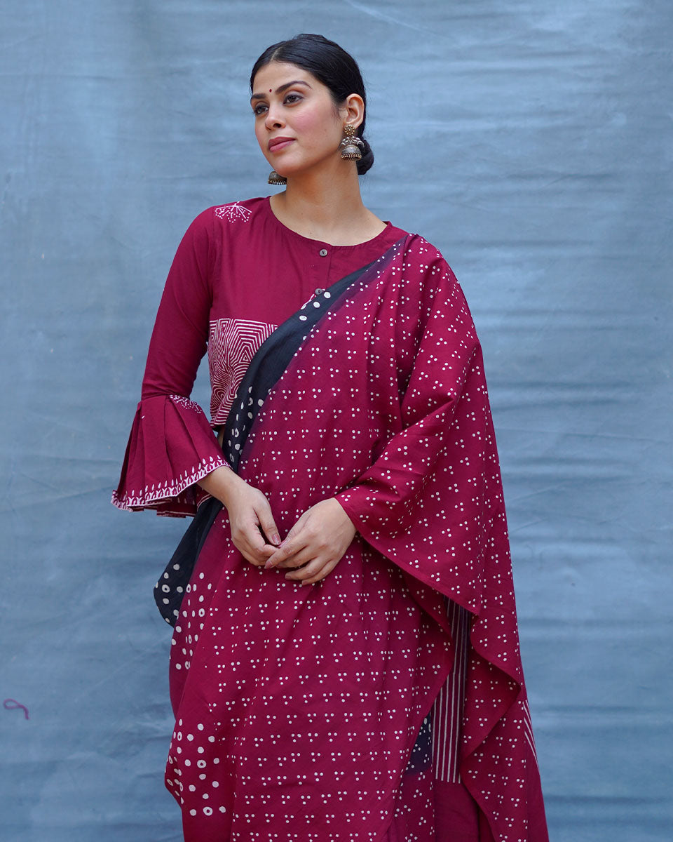 Nandini Maroon With Black Handblock Printed Cotton Saree - Soil
