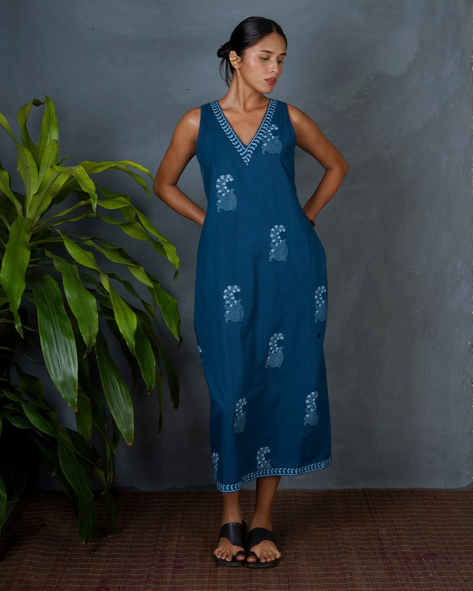 Neeraja Teal Green Hand Block Printed Dress-MYA