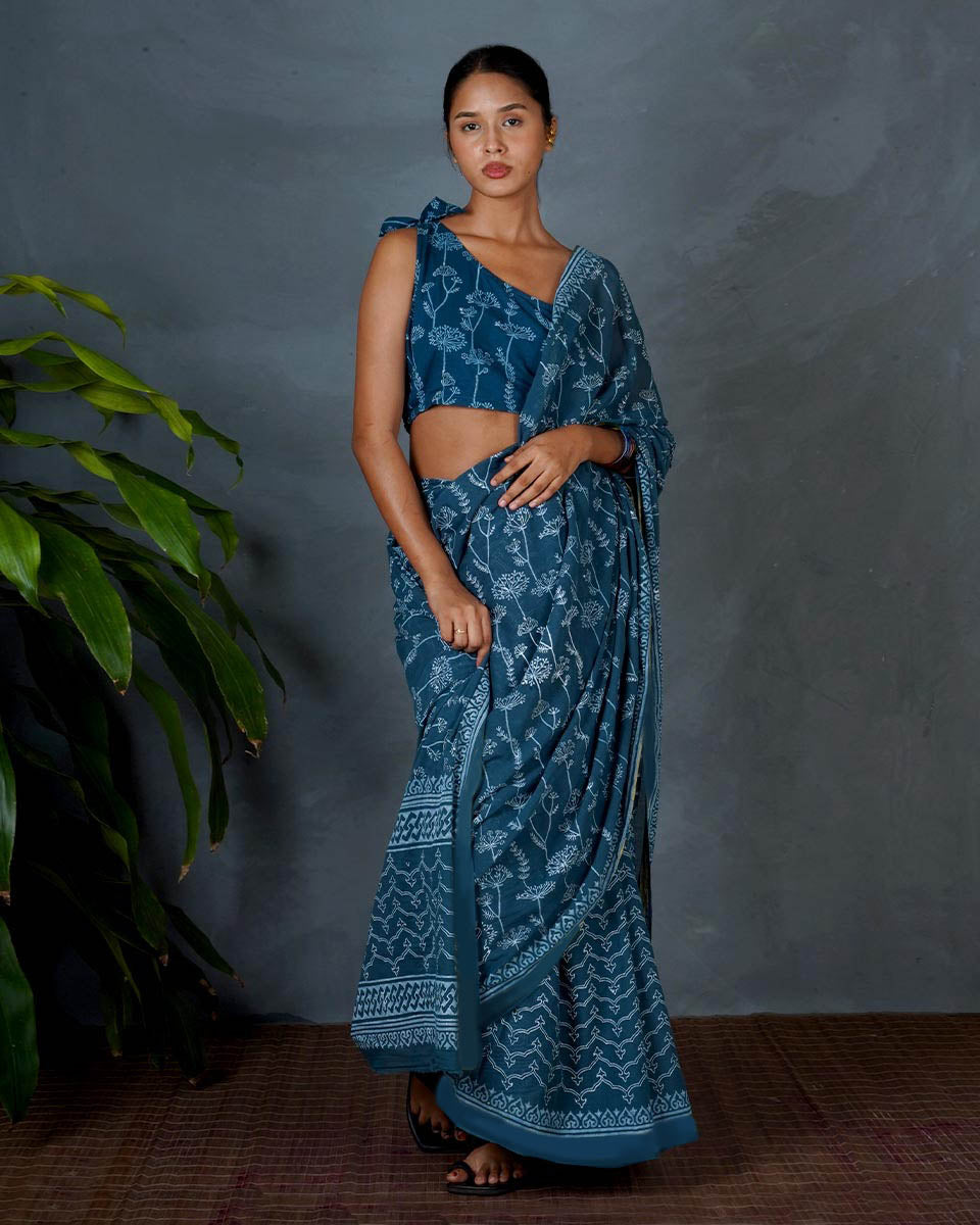 Sia Teal Green Hand Block Printed Saree-MYA