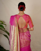 Ujjwala Pink Handwoven Linen Zari Saree - Eknoor