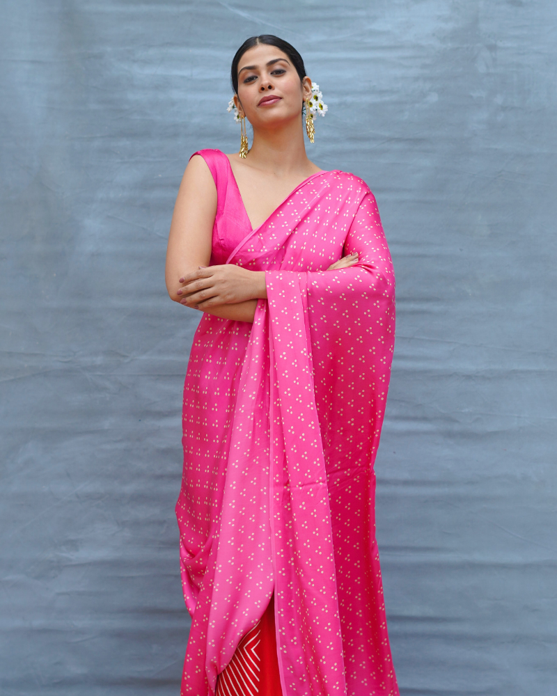 Light Sway Pink With Red Handblock Print Modal Silk Saree - Flow