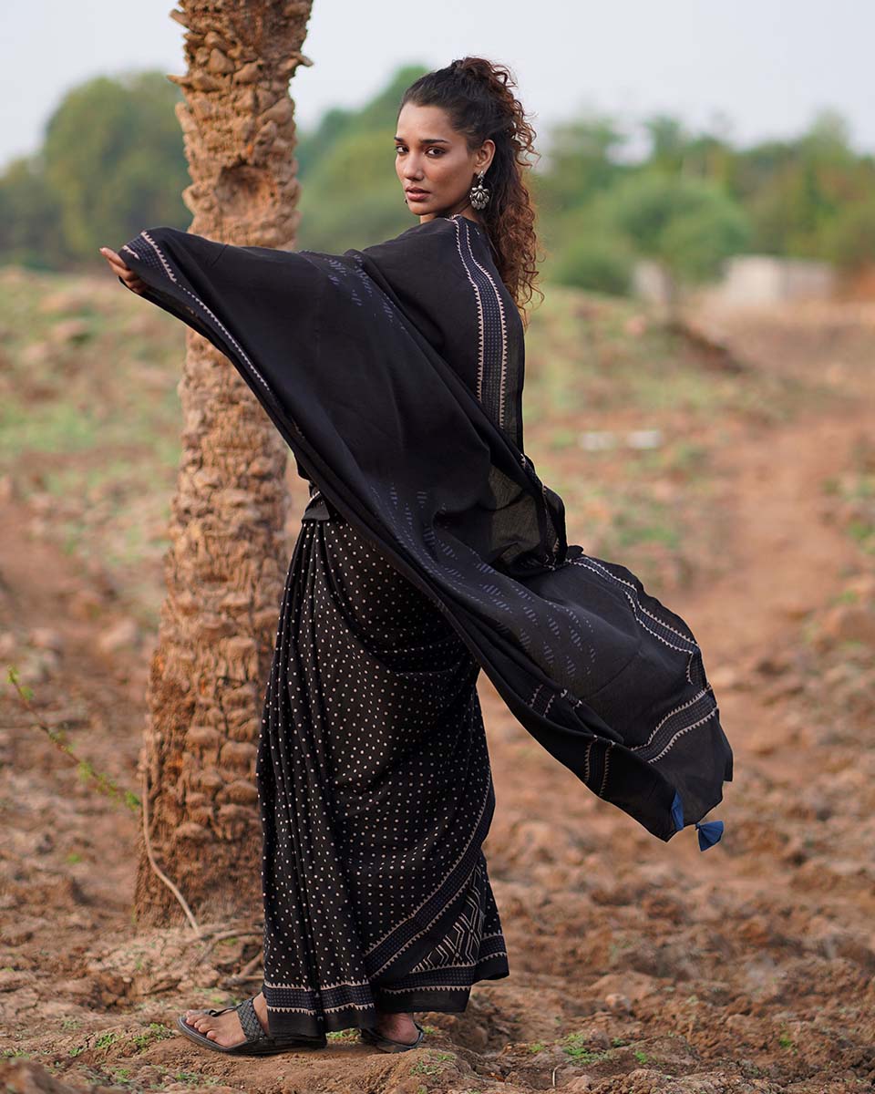 Sweet Jasmine Blockprinted Cotton Saree-WWB