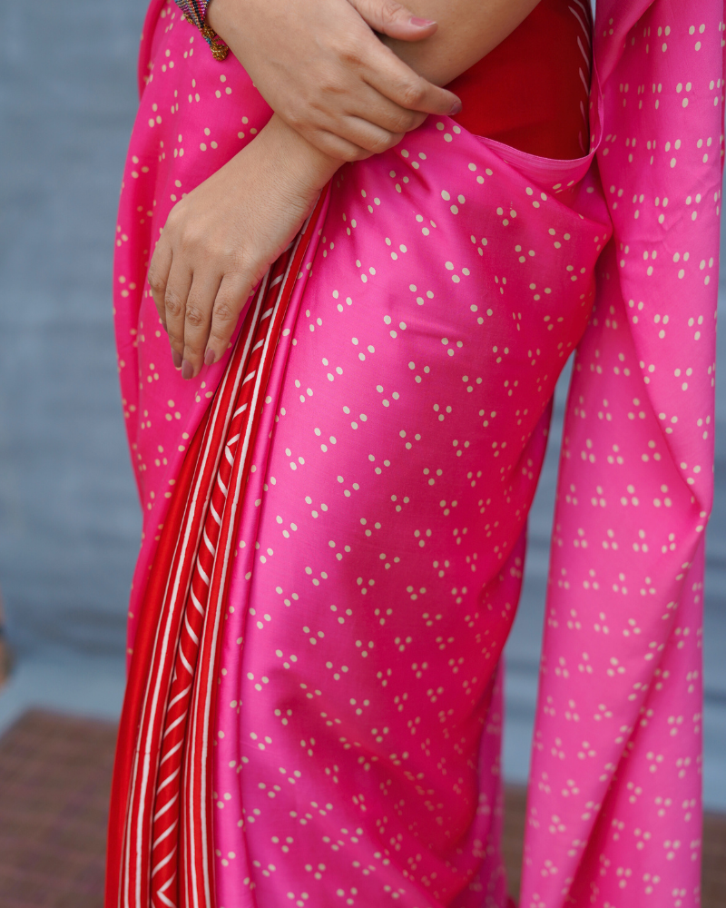 Light Sway Pink With Red Handblock Print Modal Silk Saree - Flow
