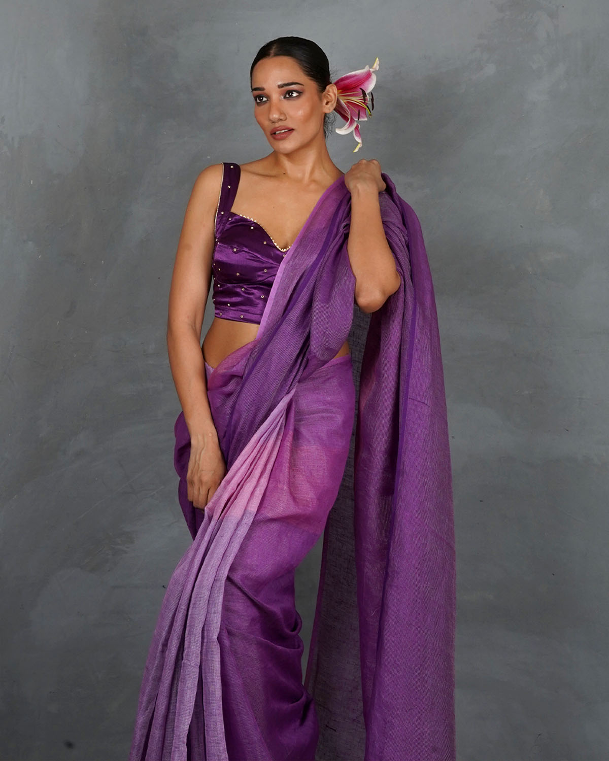 Embrace Glow Purple Handwoven Linen Saree - TARA