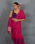 Samira Magneta Handwoven Linen Saree - TARA