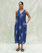 Adana Malhar Blue Handblock Print Cotton Dress - INDI