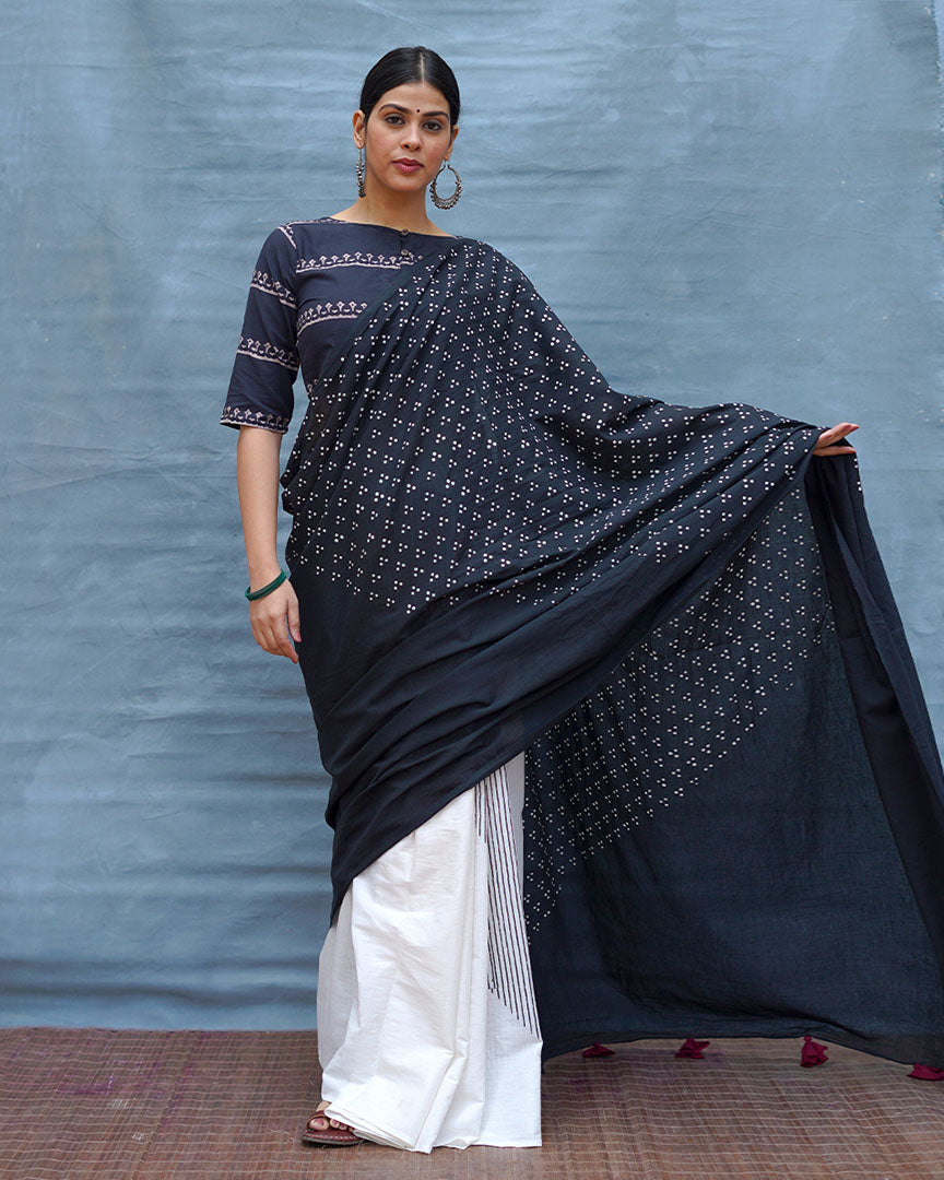 Monochrome Magic Black & White Handblock Print Cotton Saree - MIS