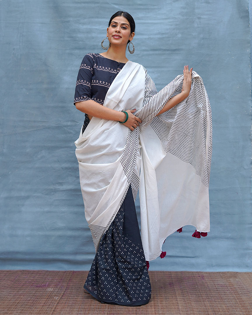 B&W Muse Black & White Handblock Print Cotton Saree - MIS