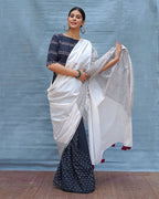 B&W Muse Black & White Handblock Print Cotton Saree - MIS