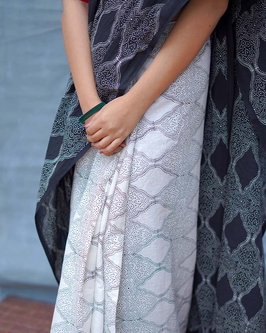 Black & White Tale Handblock Print Cotton Saree - MIS
