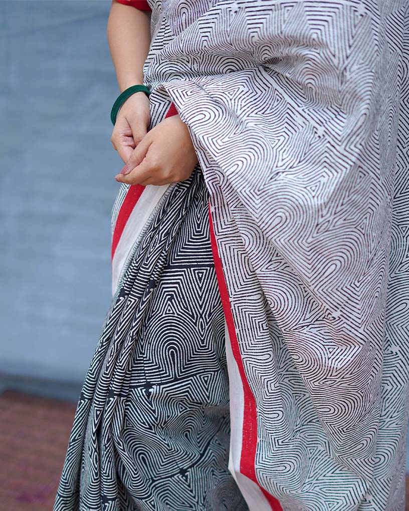 Vintage Poem Black & White Handblock Print Cotton Saree - MIS